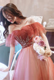 Burgundy Gradient Tulle A-Line Long Formal Dress, Off the Shoulder Prom Dress HZ0429