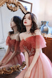 Burgundy Gradient Tulle A-Line Long Formal Dress, Off the Shoulder Prom Dress HZ0429
