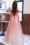 Burgundy Gradient Tulle A-Line Long Formal Dress, Off the Shoulder Prom Dress HZ0429