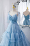 A-Line Tulle Long Prom Dresses, V-Neck Spaghetti Strap Long Princess Dresses HZ0429