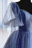 Blue Tulle Beading Long Prom Dresses, A-Line Evening Dresses HZ0429