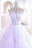 Purple Strapless Tulle Long Formal Gown, Purple A-Line Evening Dress HZ0429