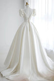 White V-Neck Satin Long Formal Dress, Wedding Formal Dress HZ0429