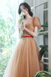 Lovely Tulle Polka Dot Long Prom Dress, A-Line Short Sleeve Evening Dress HZ0429