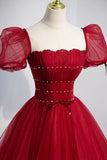 Red Beaded Tulle A-Line Long Formal Dress, Red Prom Dress HZ0429