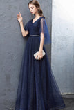 Blue V-Neck Tulle Long Prom Dresses, A-Line Evening Dresses HZ0429
