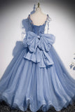 Blue Spaghetti Strap Tulle Long Dress, Blue Evening Dress with Bow HZ0429