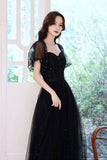 Black Tulle Long A-Line Prom Dress, Black Party Dress with Sequins HZ0429