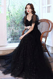 Black Tulle Long A-Line Prom Dress, Black Party Dress with Sequins HZ0429