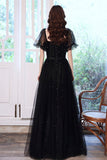 Black Tulle Long A-Line Prom Dress, Black Party Dress with Sequins HZ0429