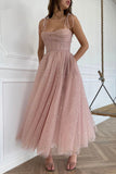 Pink Spaghetti Strap Tulle Tea Length Prom Dress, Pink A-Line Homecoming Dress HZ0429