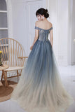 Blue Gradient Beaded Tulle Long Formal Dress, Blue A-Line Prom Dress HZ0429