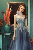 Gray Blue Lace Long Prom Dress, A-Line Evening Party Dress HZ0429
