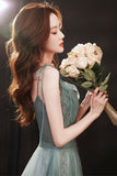 Green Tulle Beaded Long Prom Dress, Green A-Line Evening Dress HZ0429