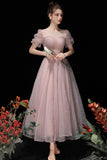 Pink Tulle Beading Tea Length Prom Dresses, A-Line Homecoming Dresses HZ0429