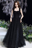 Black Tulle Long A-Line Evening Dress, Black Sweetheart Neck Prom Dress HZ0429