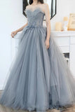 Gray Tulle Long A-Line Prom Dresses, Gray Strapless Evening Dresses HZ0429