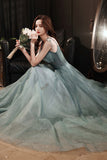 Green Tulle Beaded Long Prom Dress, Green A-Line Evening Dress HZ0429