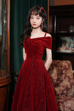 Burgundy Velvet Off the Shoulder Prom Dress, A-Line Party Dress HZ0429