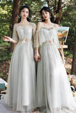 Gray Tulle Lace Long A-Line Prom Dresses, Gray Tulle Bridesmaid Dresses HZ0429