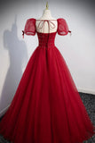 Red Beaded Tulle A-Line Long Formal Dress, Red Prom Dress HZ0429