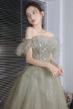 Green Tulle Beaded Long Prom Dress, A-Line Formal Evening Dress HZ0429