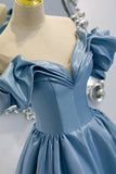 Blue V-Neck Satin Long Prom Dress, Off the Shoulder Evening Dress HZ0429