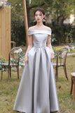 Gray Saitn Lace Long Prom Dress, A-Line Evening Dress HZ0429