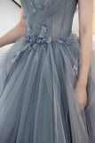 Gray Tulle Long A-Line Prom Dresses, Gray Strapless Evening Dresses HZ0429