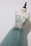 Green Lovely Tulle Straps Long A-Line Prom Dresses, Green Evening Dresses HZ0429