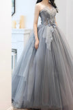 Gray Tulle Long A-Line Prom Dresses, Gray Strapless Evening Dresses HZ0429