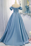 Blue V-Neck Satin Long Prom Dress, Off the Shoulder Evening Dress HZ0429