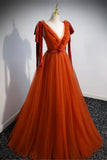 Simple V-Neck Tulle Long Prom Dress, A-Line Formal Evening Dress HZ0429