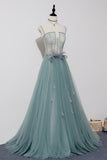 Green Lovely Tulle Straps Long A-Line Prom Dresses, Green Evening Dresses HZ0429