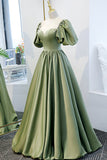 Green Satin A-Line Long Formal Dress, Green Junior Prom Dress HZ0429