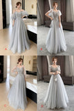 Gray Tulle Lace Long Prom Dresses, A-Line Evening Dresses HZ0429