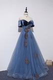 Blue Velvet Tulle Long Prom Dresses, Off the Shoulder Evening Dresses HZ0429