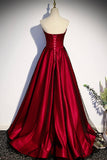 Burgundy Satin Tulle Long Prom Dress, A-Line Sweetheart Neck Evening Dress HZ0429