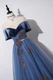 Blue Velvet Tulle Long Prom Dresses, Off the Shoulder Evening Dresses HZ0429