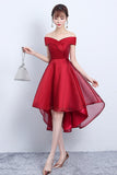 Red V-Neck Tulle High Low Prom Dress, Off the Shoulder Party Dress HZ0429