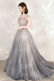 Gray Tulle Beading Long Prom Dresses, A-Line Scoop Neckline Evening Dresses HZ0429
