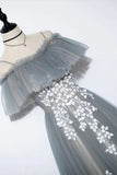 Gray Tulle Lace Long Prom Dress, A-Line Evening Dress HZ0429