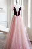 Burgundy Velvet and Pink Tulle Long A-Line Prom Dress, Lovely Party Dress HZ0429