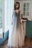 Gray Tulle Long Prom Dress, A-Line Backless Evening Dress HZ0429
