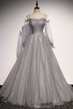 Gray Tulle Sequins Long Prom Dress, Long Sleeve Evening Dress HZ0429