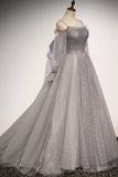 Gray Tulle Sequins Long Prom Dress, Long Sleeve Evening Dress HZ0429
