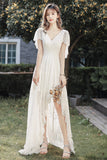 White V-Neck Lace High Low Prom Dress, White Evening Dress HZ0429