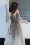 Gray Tulle Long Prom Dress, A-Line Backless Evening Dress HZ0429
