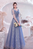 Blue Tulle Beading Long A-Line Prom Dresses, Blue Long Sleeve Evening Dresses HZ0429