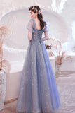 Blue Tulle Beading Long A-Line Prom Dresses, Blue Long Sleeve Evening Dresses HZ0429